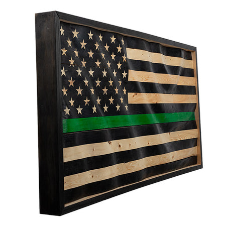 Thin Green Line Wavy Wooden American Flag