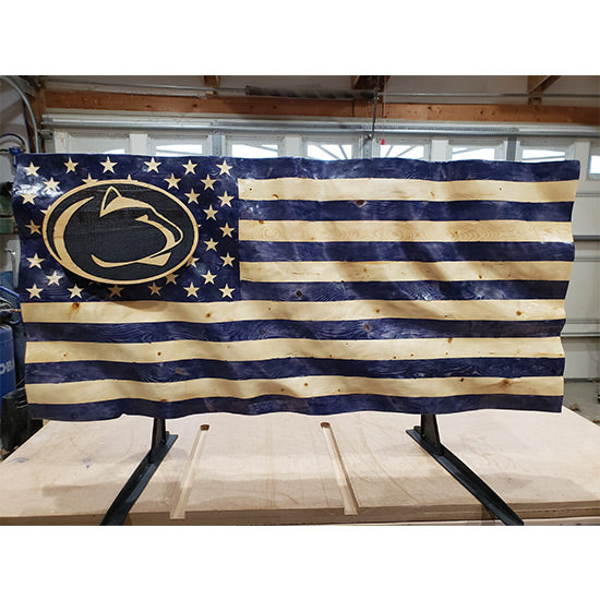 Blue Lion Wavy Wooden American Flag