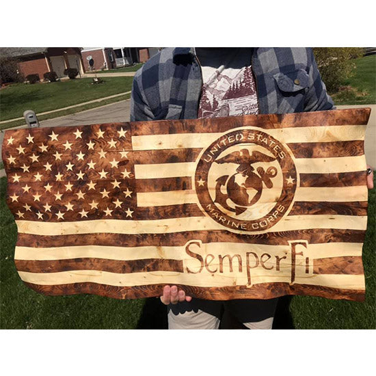 Semper Fi USMC Wavy Wooden American Flag