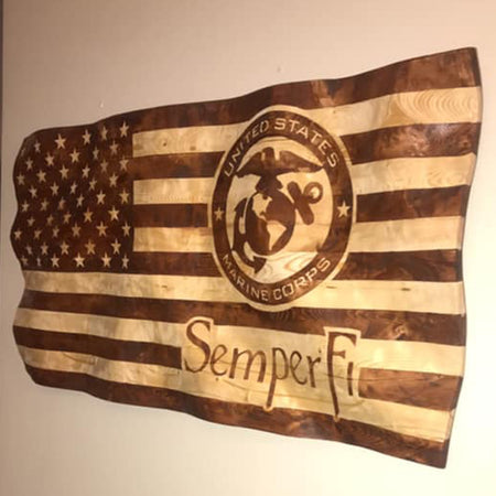 Semper Fi USMC Wavy Wooden American Flag